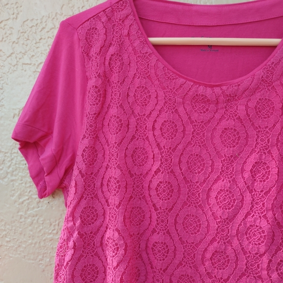 Pink Croft&Barrow Short Sleeves Blouse Medium Size Round Neck with Lace Front - Picture 13 of 13